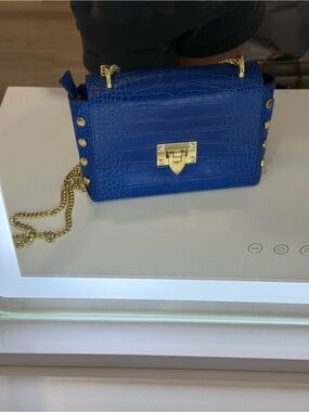 Blue Croc-Embossed Chain Shoulder Bag